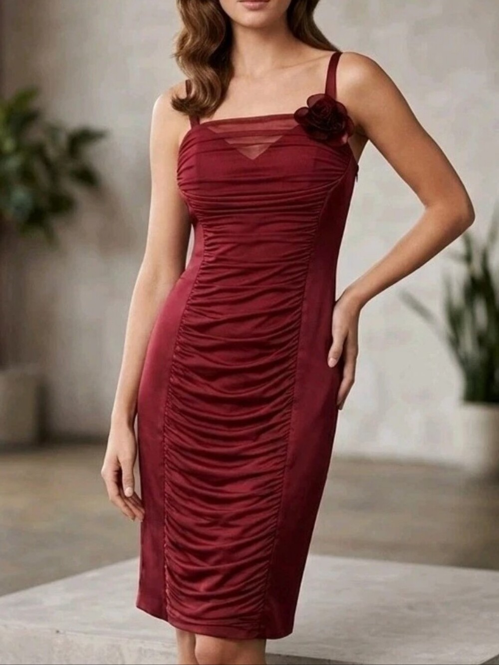 💐Vtg Y2K BCBG MAXAZRIA Runway Collection Dress 10 Burgundy Ruched Mesh Flower - Picture 2 of 16